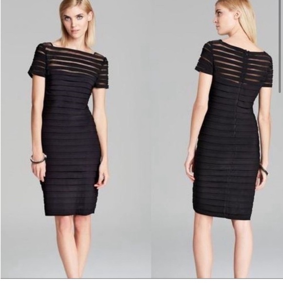 Adrianna Papell Elegant Black Striped Dress Mesh Detail size 4 - Picture 1 of 9